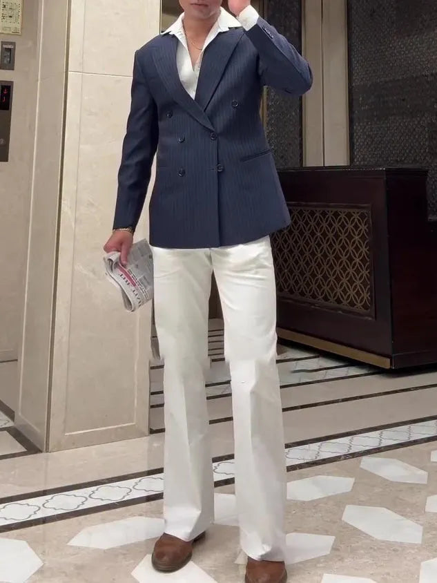 Men's classic stripe double-breasted polyester blazer in regular fit for smart casual wear
