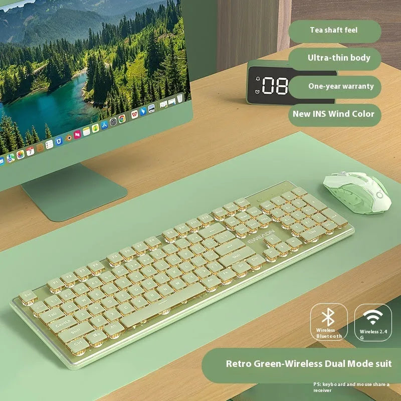 Prewalker V3 retro green coloured quiet keyboard and mouse set on a desk