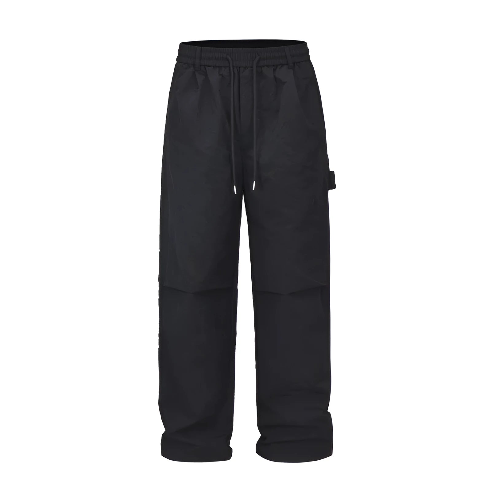 Black paratrooper pants with elastic waist, three-dimensional cutting, and baggy fit
