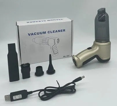 Wireless car vacuum cleaner in gold or silver with 200ml dust bucket, measuring 165x140x90mm