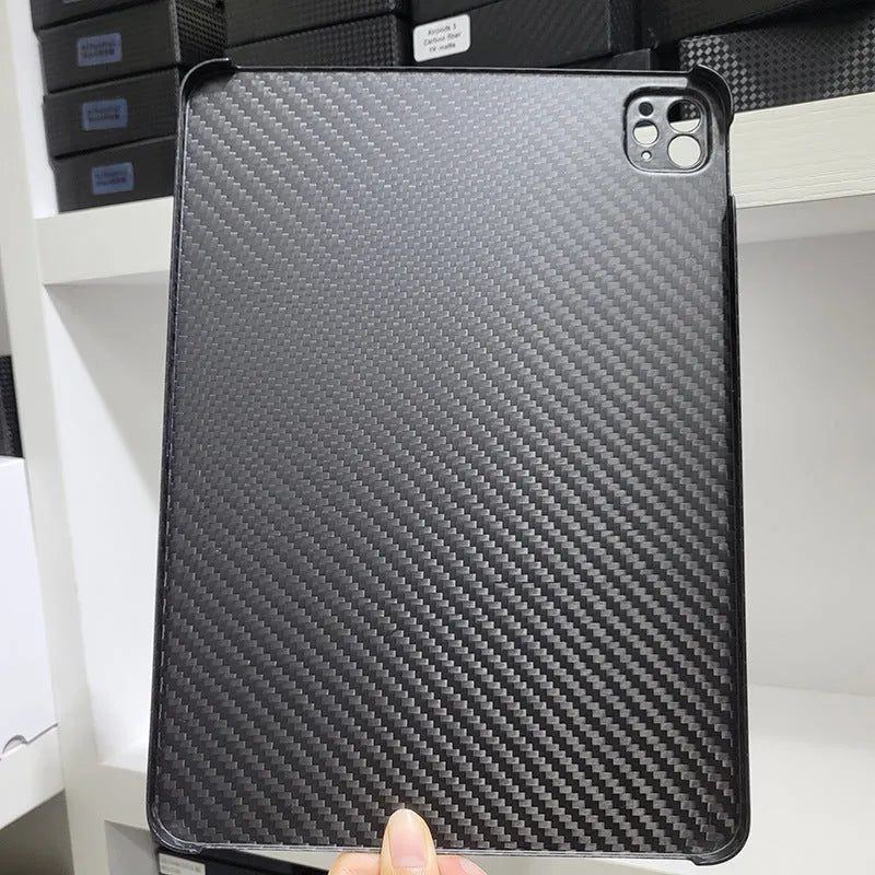 Carbon fibre hard protective cover for Apple iPad Pro 11 showing textured plaid pattern.