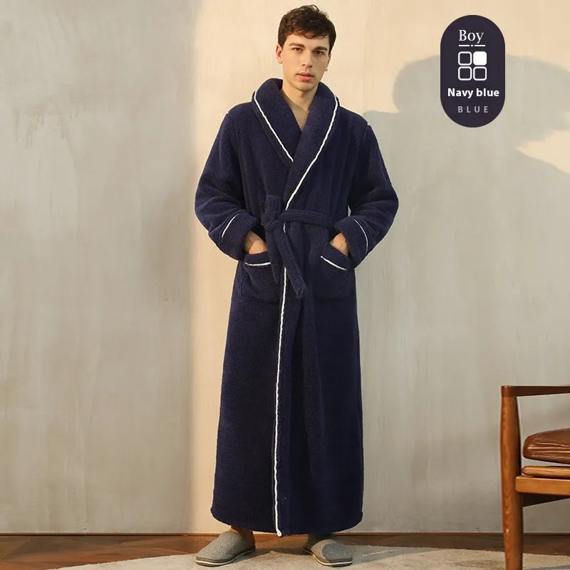 A man and woman wearing matching thickened flannel couple's bathrobes in a winter colour.
