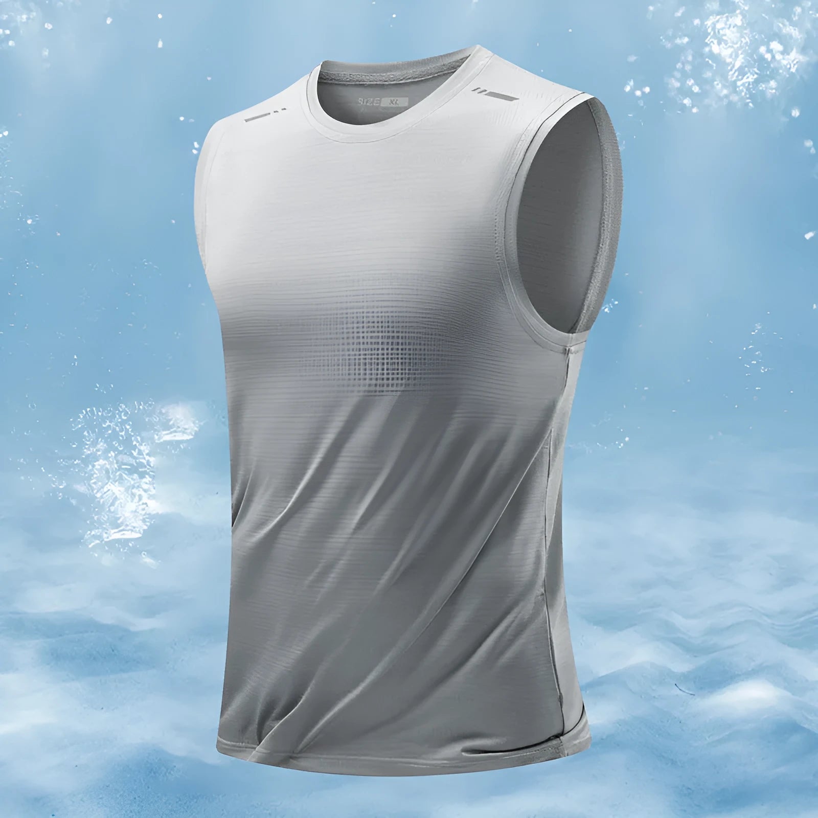 Men's loose fit sleeveless waistcoat vest in bamboo blend fabric on a hanger.