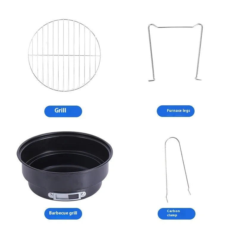 Small folding round ice stove with grill mesh and components for 1-2 person outdoor cooking