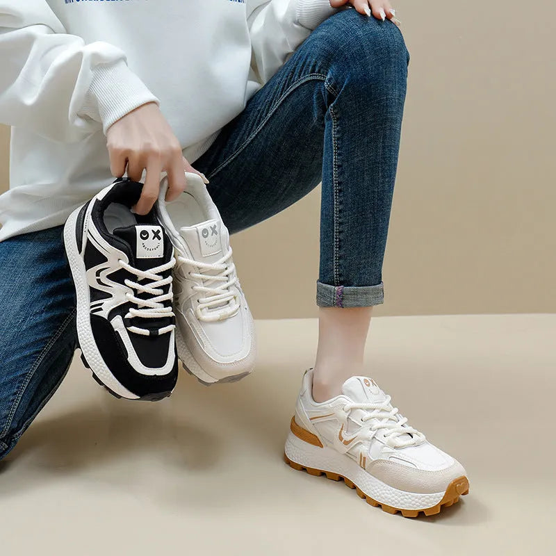 Women's black sports casual shoes with platform flat heel and lace-up front