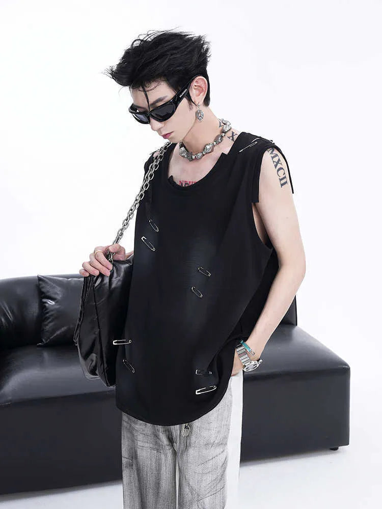 Men's black sleeveless vest t-shirt with irregular rip cut detail and round neck collar.