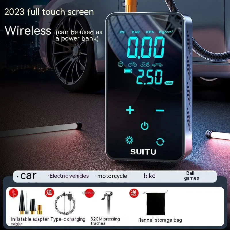 Compact black wireless car tyre pump with LCD screen displayed next to its hose, nozzles, and Type-C charging cable.