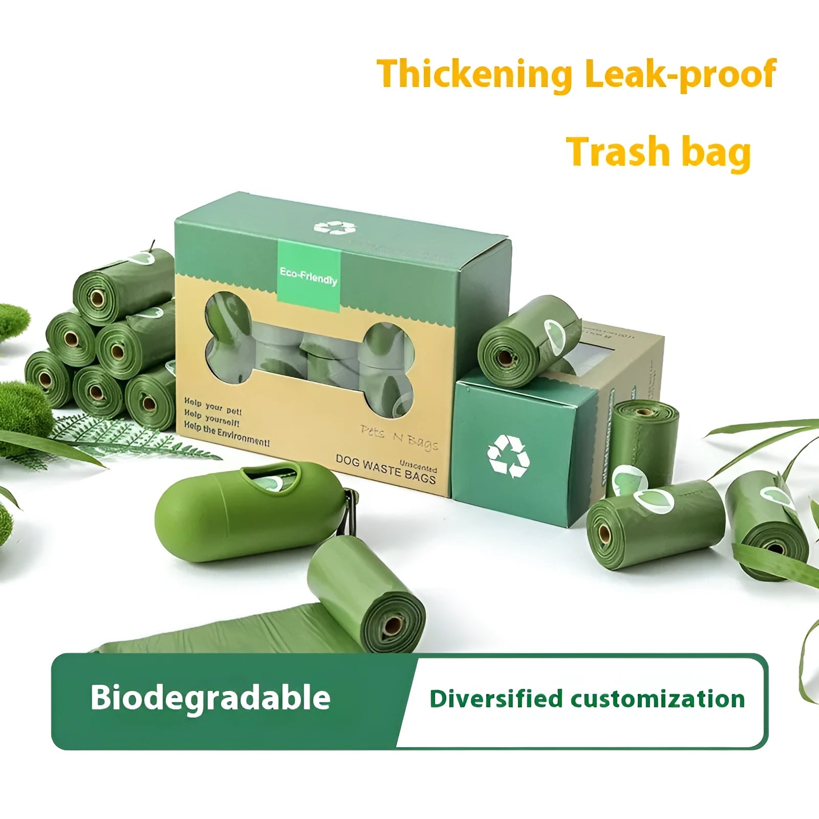 Rolls of green, black, blue, purple and orange degradable pet poo bags with a portable dispenser