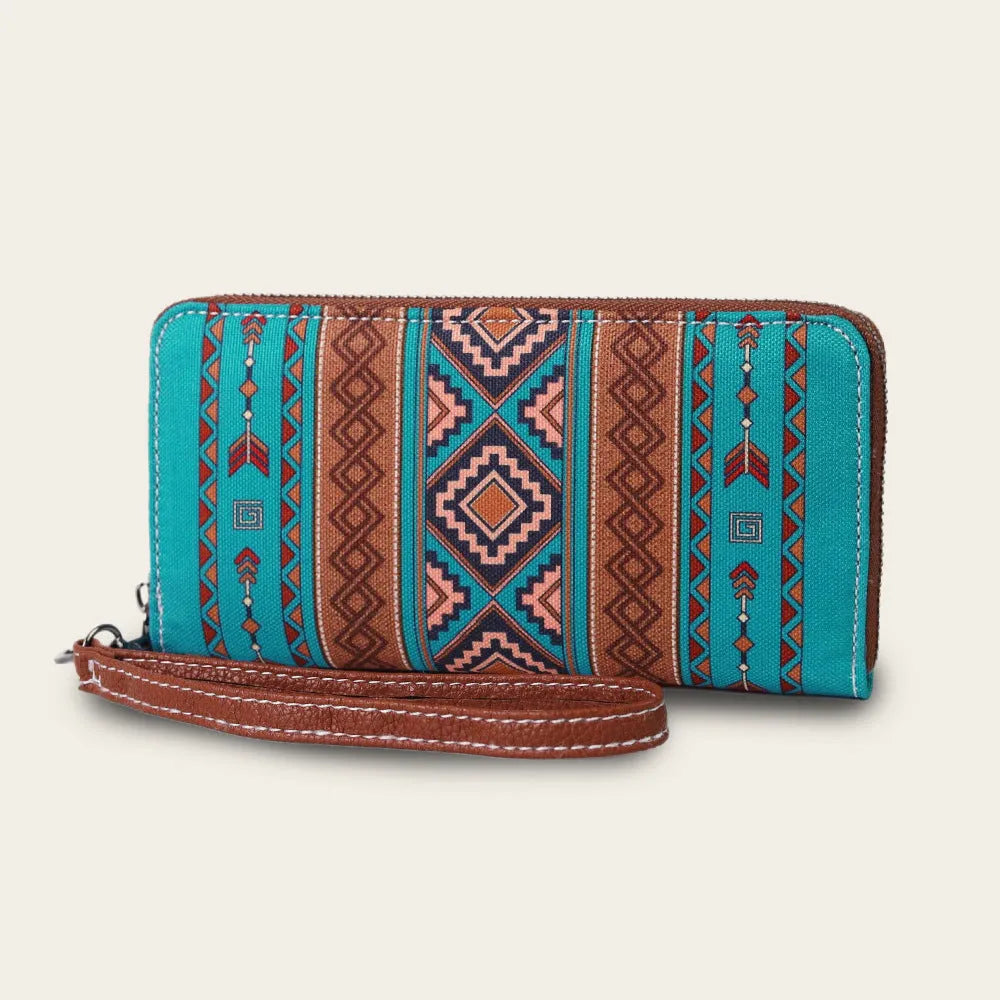 Bohemian striped canvas RFID wallet showing card slots and 20x10x2cm dimensions