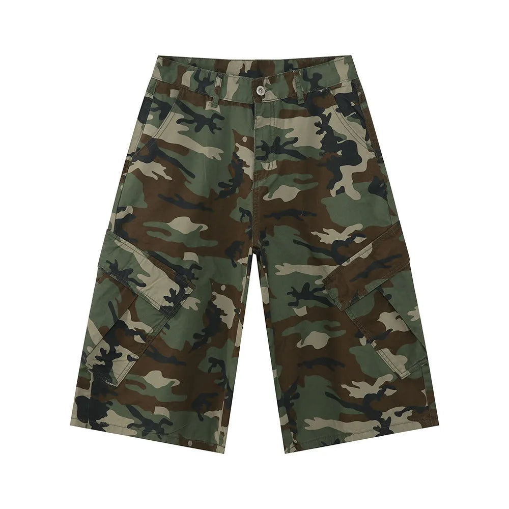 Men's camouflage cotton wide-leg trousers with large side pockets and cropped length