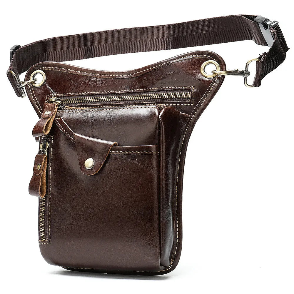 Men's brown crazy horse leather vintage satchel bag with a flap closure and adjustable shoulder strap.