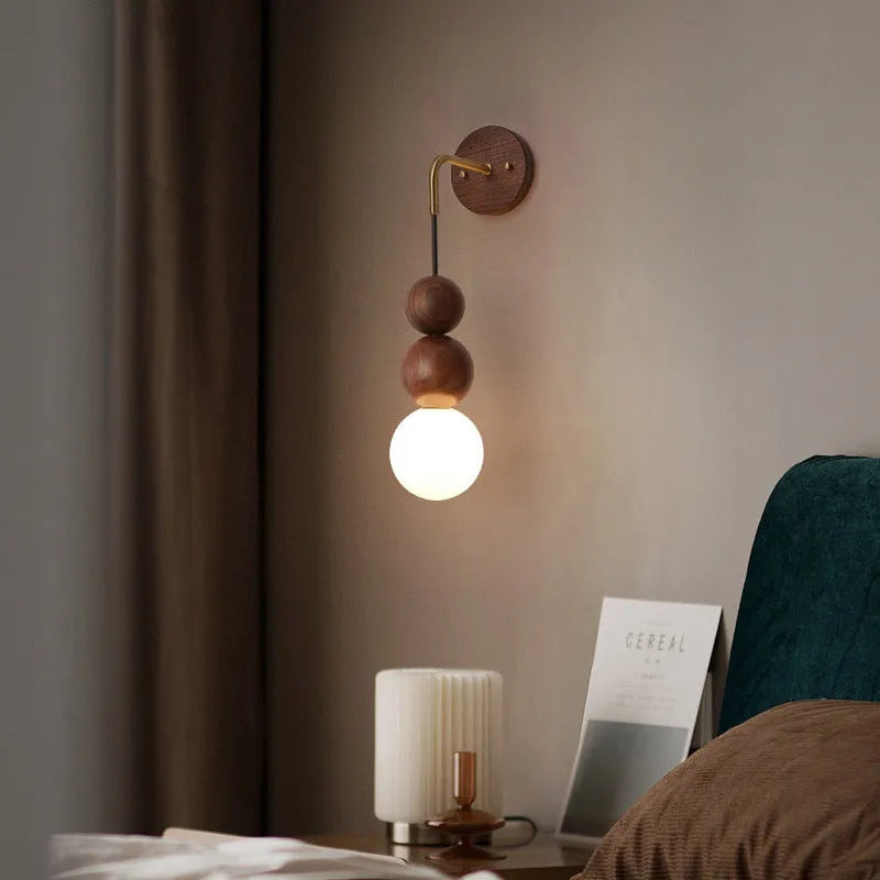 Wood copper wall lamp with circular 10cm diameter and tricolour lighting on suspension wire