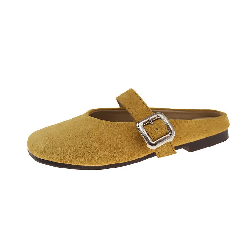 Women's flat closed toe half slippers in square toe design with rubber sole