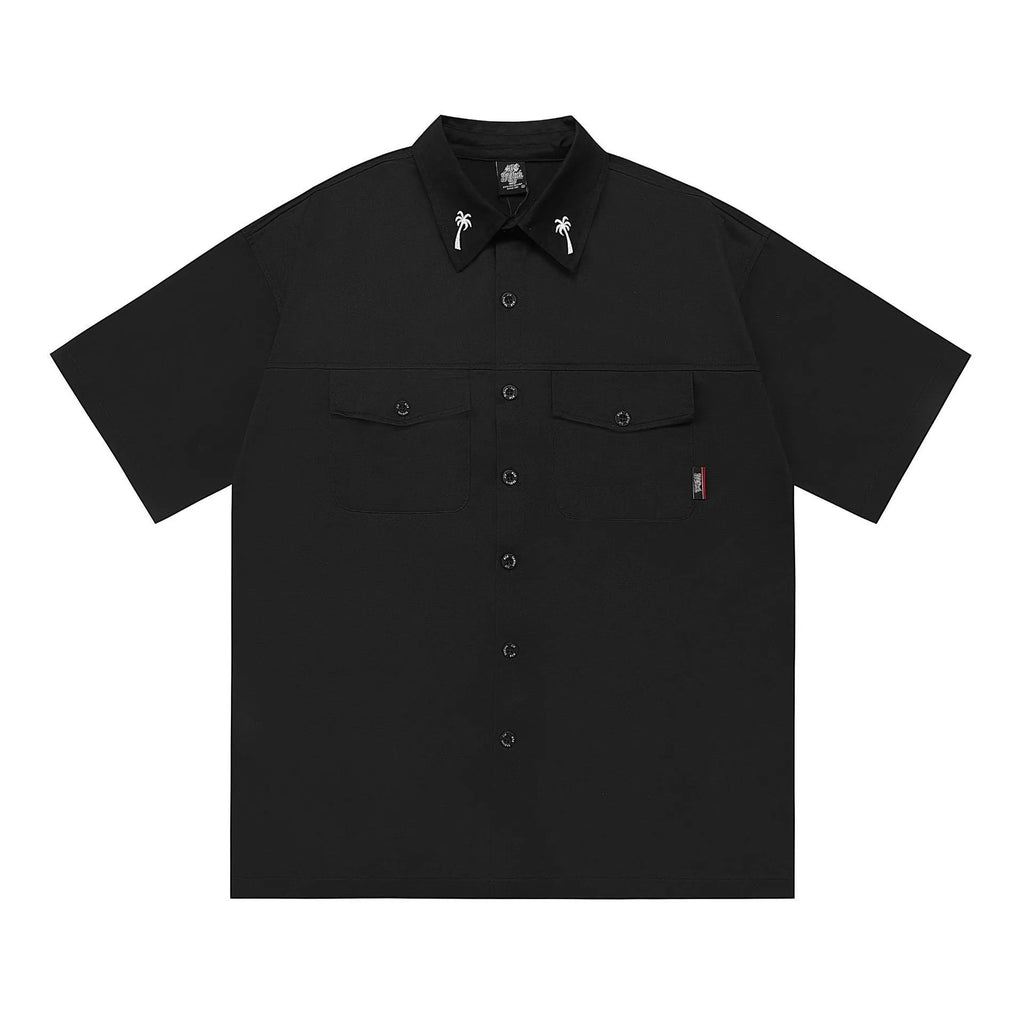 Men's black cotton blend shirt with embroidery detail on front, loose fit with short sleeves