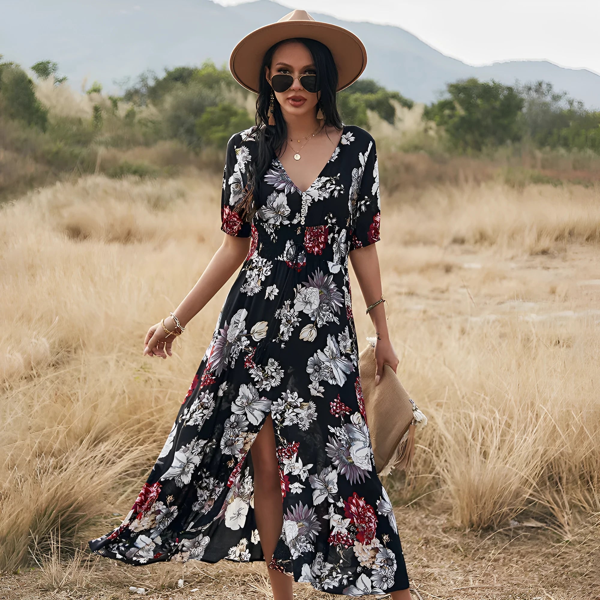 Women's floral print summer dress with V neck and elastic waist in yellow, black, and blue colours