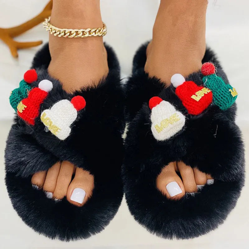 Women's Christmas hat design faux plush slippers with hairy texture and rubber sole.