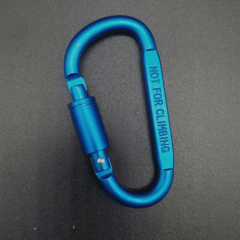 A D-type aluminium locking carabiner with an 8cm flat profile on a neutral background.