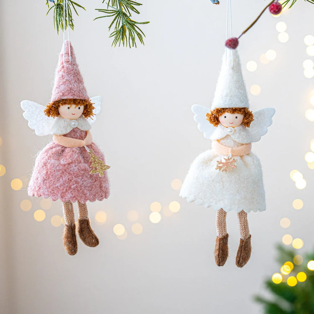 White cloth angel skirt Christmas pendant with plush texture on green tree branch