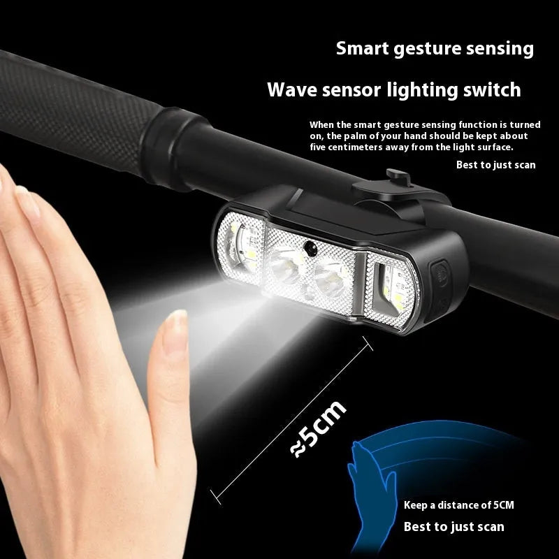Black bicycle headlight with LED, showing mounting bracket and rechargeable battery.