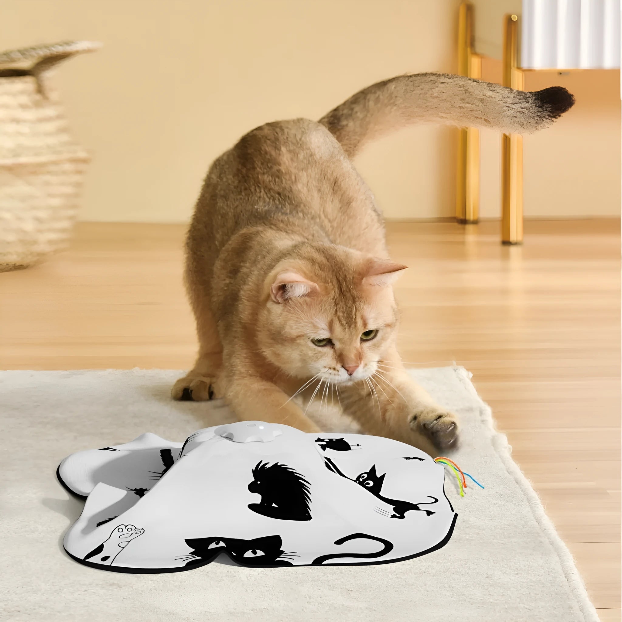 Plastic self-hitting cat teaser toy showing picture colour design and automatic mechanism