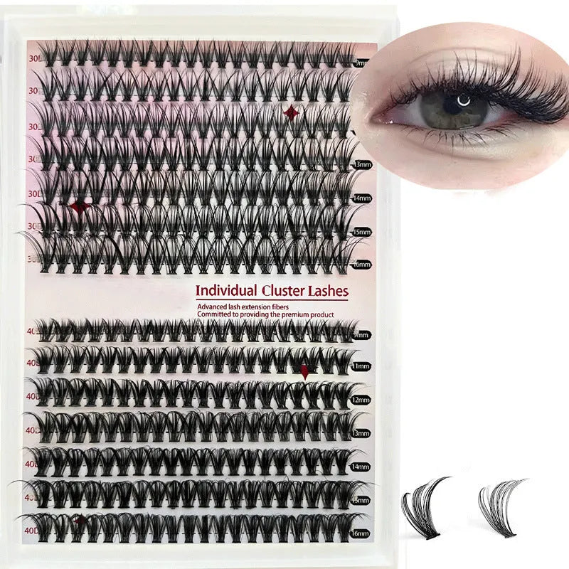 DIY false eyelashes mixed package showing 30D and 40D cluster lashes in 9-16mm lengths with application tweezers