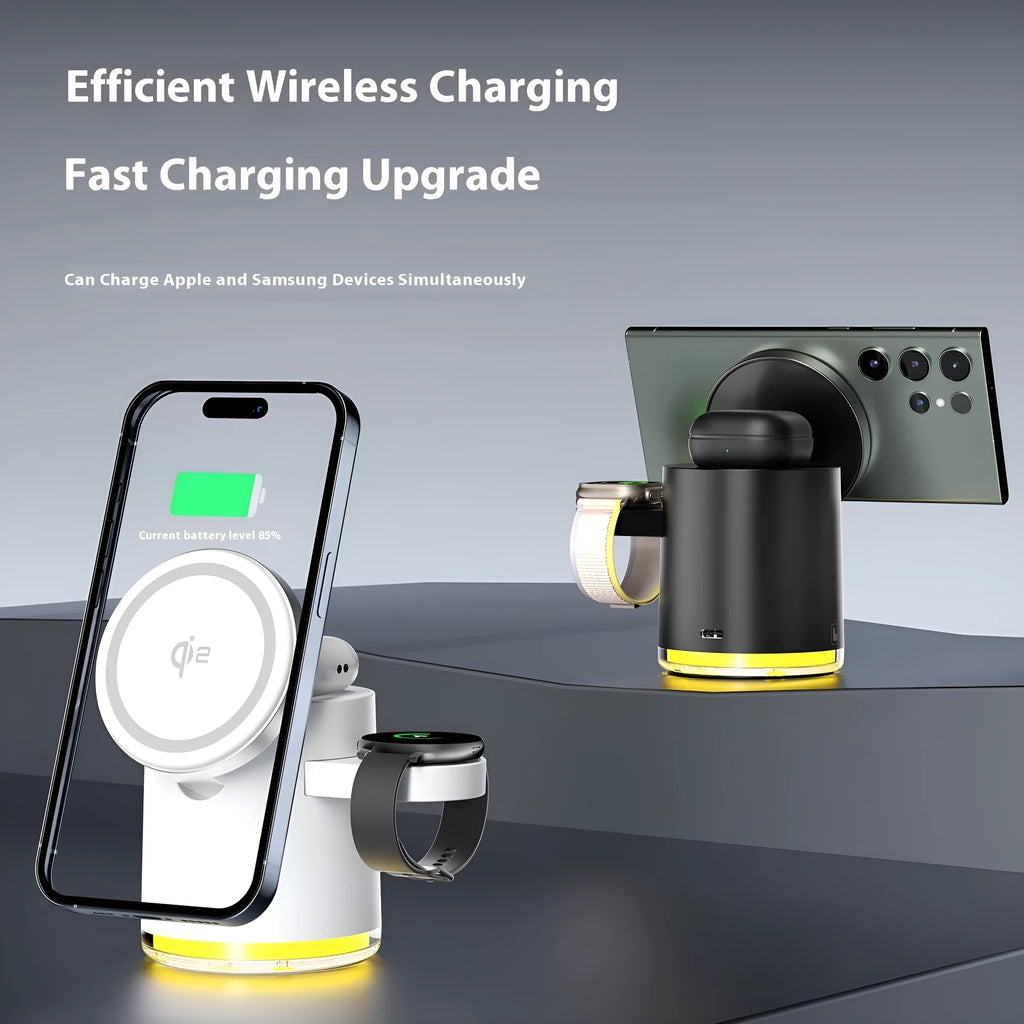 Portable magnetic folding wireless charger C16 in black and ivory white colours showing three-device charging capability