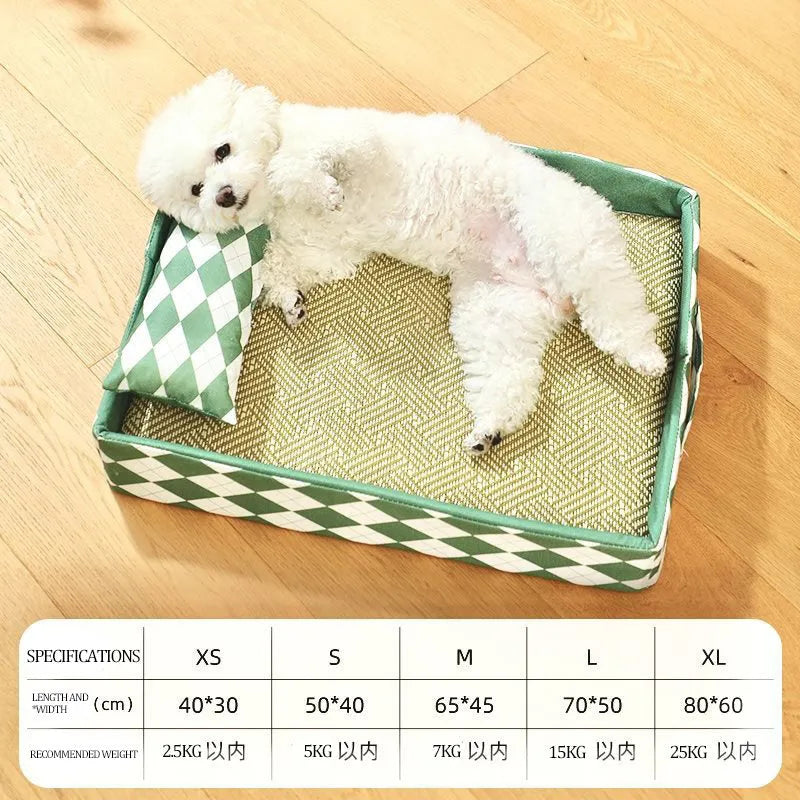 Blue woven rattan cat litter mat functioning as a raised pet bed, shown in a large size.