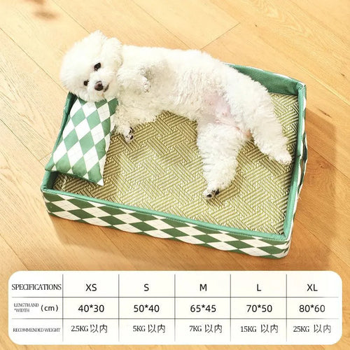 Blue woven rattan cat litter mat functioning as a raised pet bed, shown in a large size.