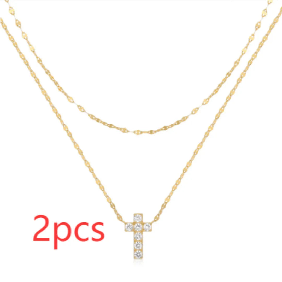 925 sterling silver double layer twin diamond cross necklace on clavicle chain