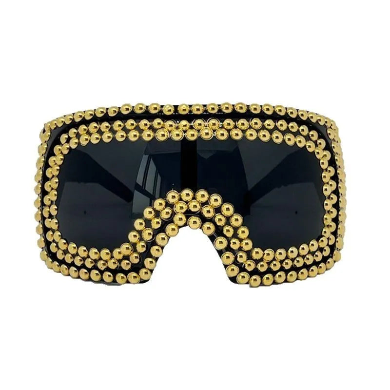 Men's personality punk sunglasses with super large rims and square rivet detailing in silver colour