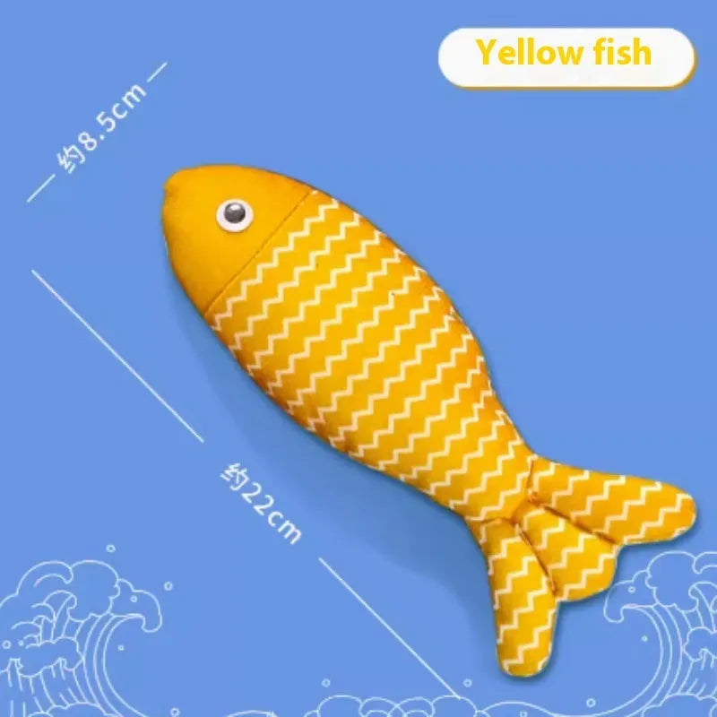Catnip-filled fabric fish cat toy in blue, red, and yellow colour options