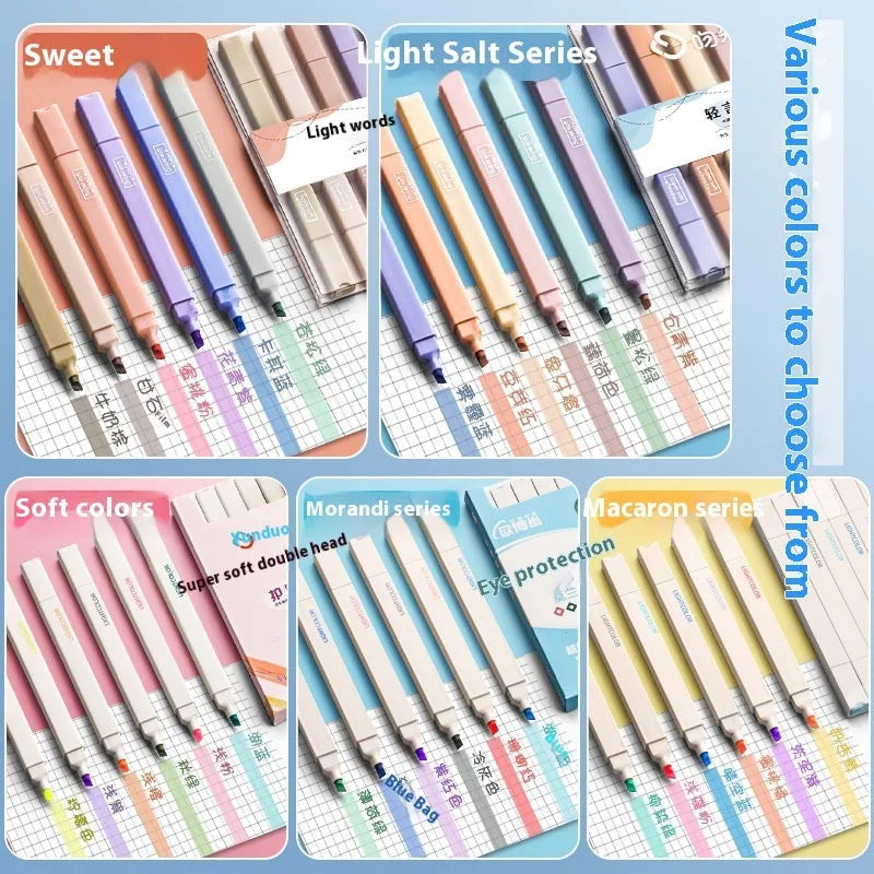 Fluorescent double-headed marking pens in mixed colour assortment with both broad and fine tips visible.