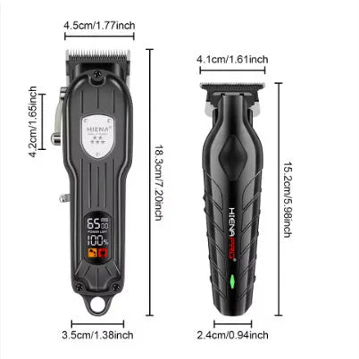 Black men's hair clipper set with LED display, aluminium foil shaver attachment and USB charging cable