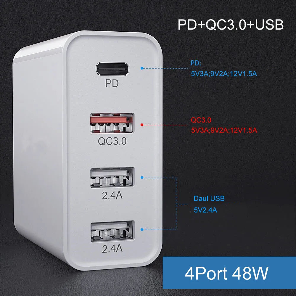 White multi-port USB wall charger with fast charging, showing PD and QC ports.