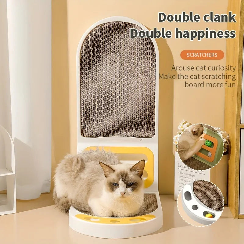Grey L-shaped vertical cat scratching board made of corrugated cardboard on a wooden floor.