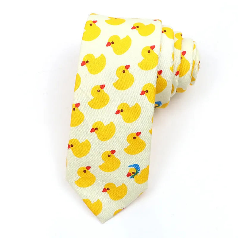 Korean style narrow men's cotton bow tie with a printed cartoon pattern in a selected colour.