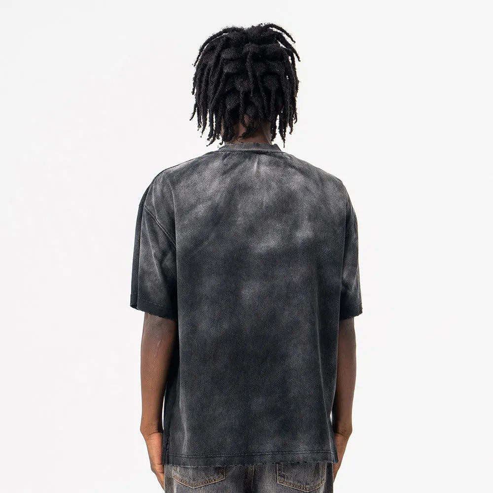 Black men's cotton T-shirt with printed letter pattern and drop-shoulder sleeves in loose fit