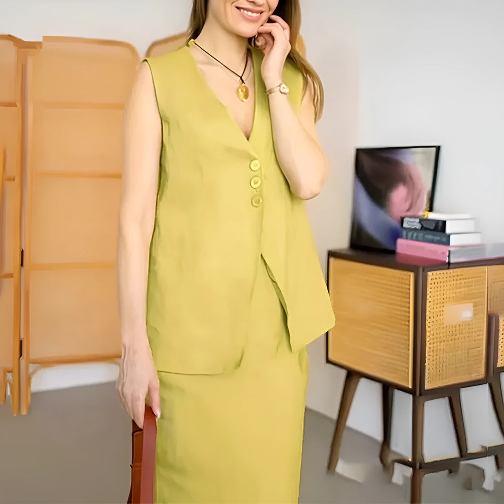 Women's blue polyester two-piece set with sleeveless vest and long skirt on a hanger.