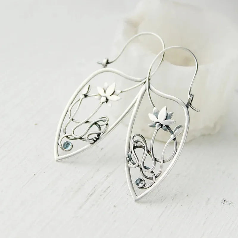 Silver lotus vine geometric drop earrings with circular rhinestones for women