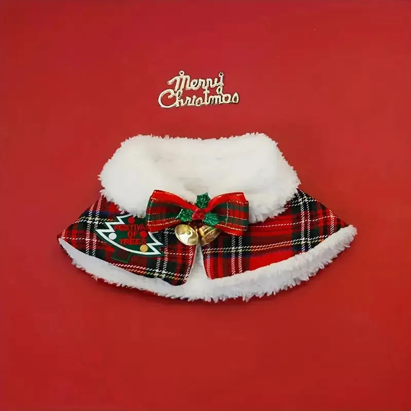 Festive pet scarf with holiday pattern in red and blue colours, shown draped as a winter accessory