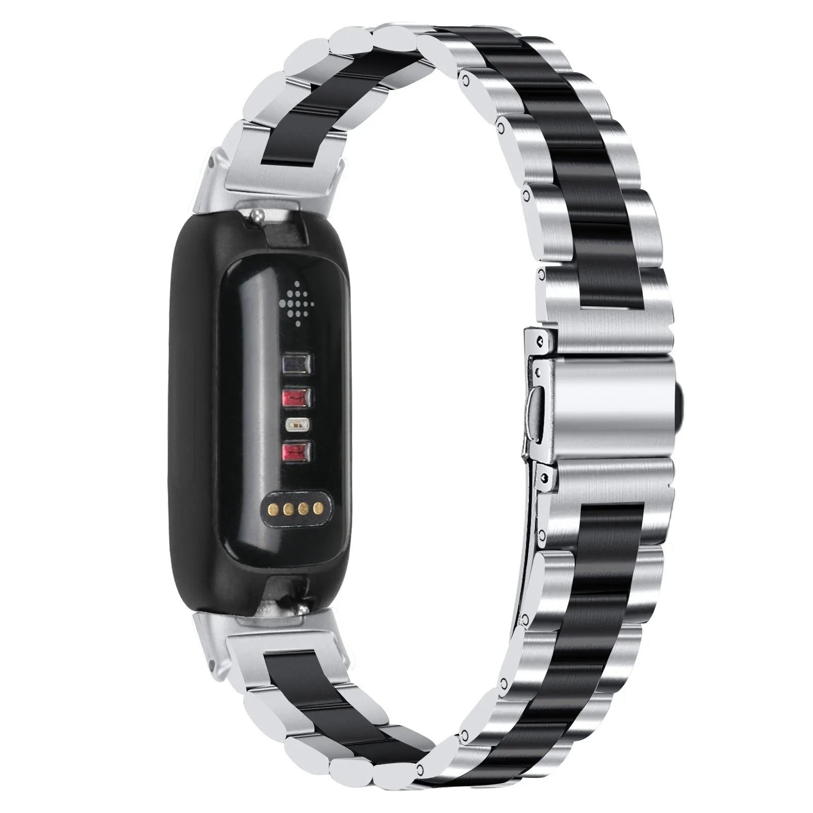 Stainless steel three-bead watch strap for Fitbit Inspire 3 fitness tracker showing adjustable clasp and bead detail
