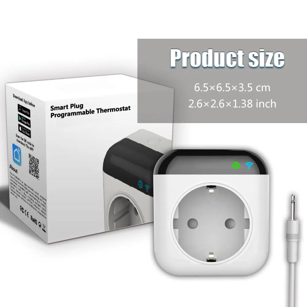 White Tuya temperature control smart socket with US 3-pin outlet and temperature sensor probe