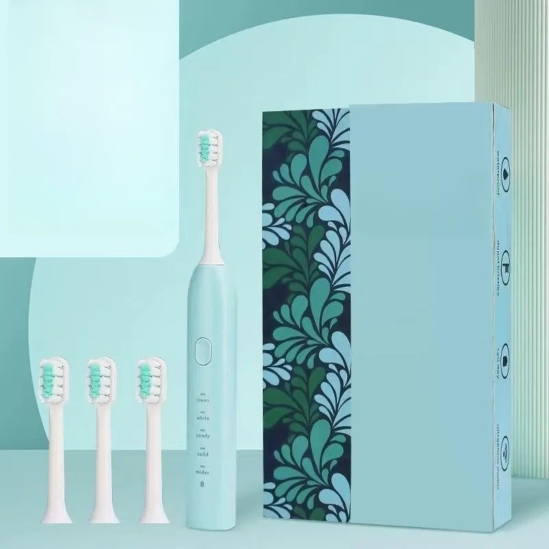 Yellow rechargeable smart electric toothbrush with soft bristle head and USB charging cable