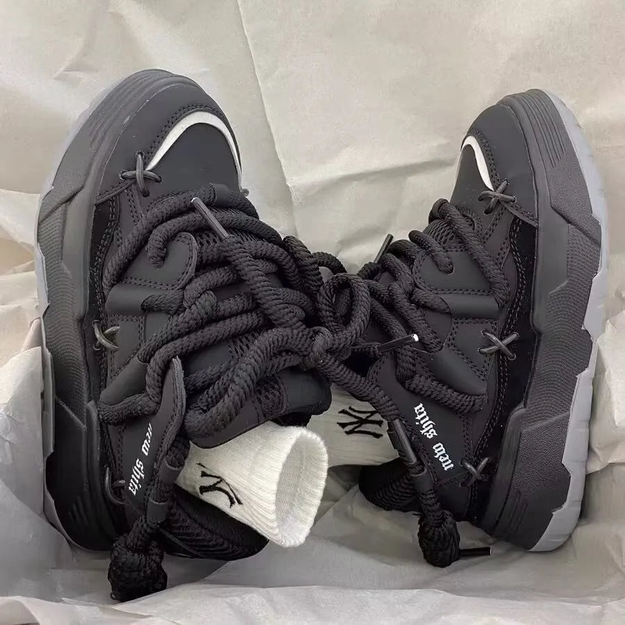 Women's chunky platform sneakers with 6-8cm heel in grey, showing round toe and front tie-up closure