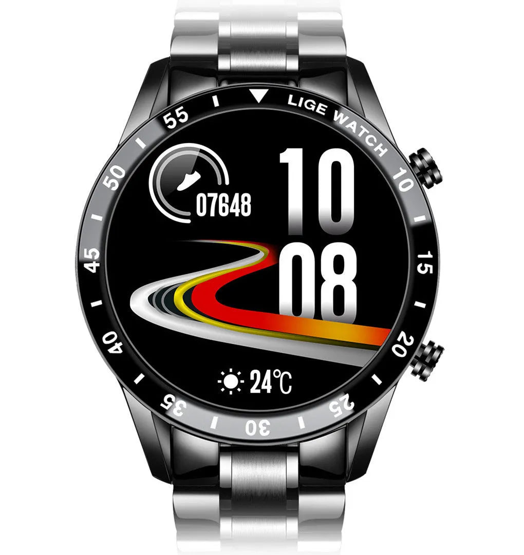 Stainless steel smart watch with black wristband and 1.3 inch touch screen display