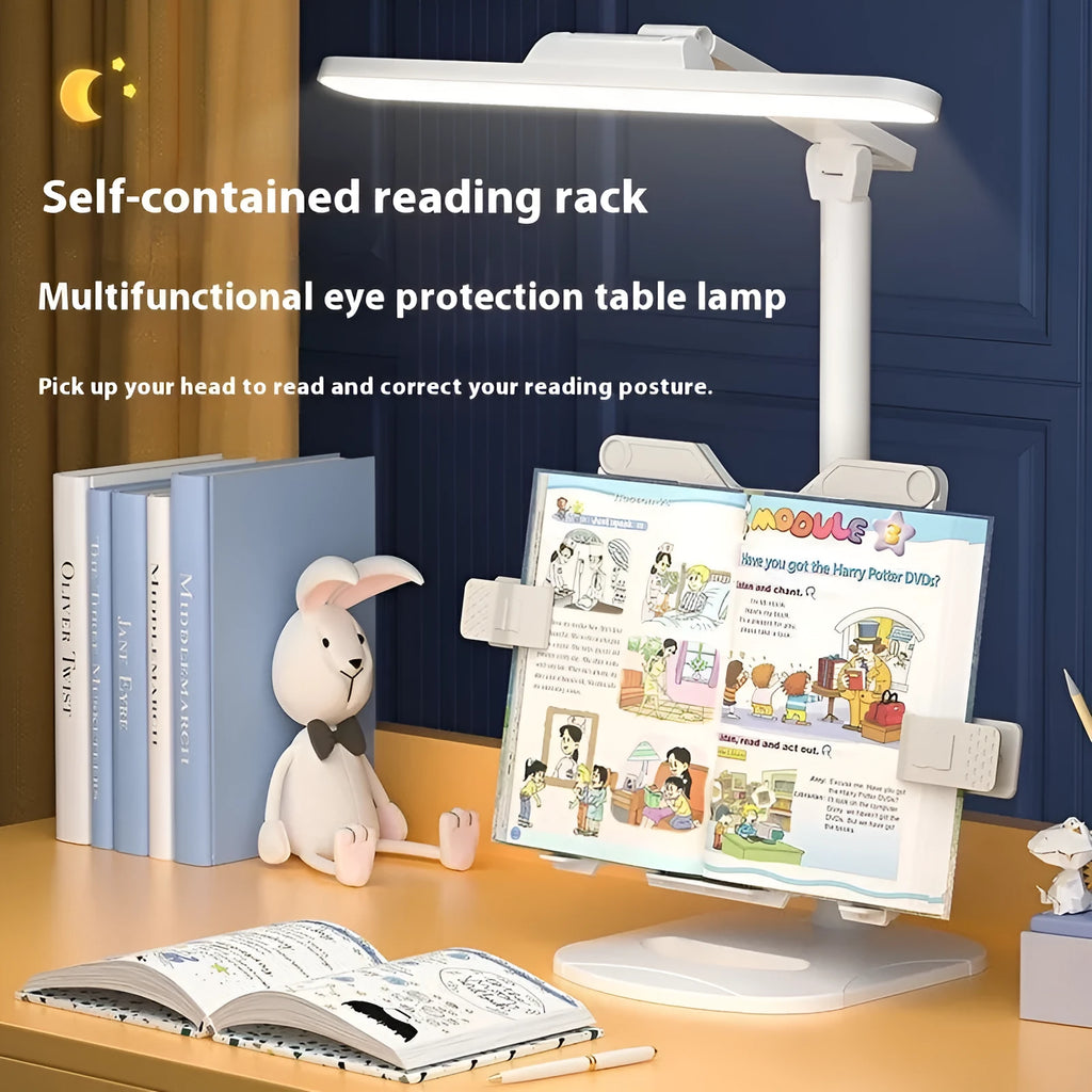 A white adjustable table lamp on a bookshelf with a flexible arm, showing a reading light in use.