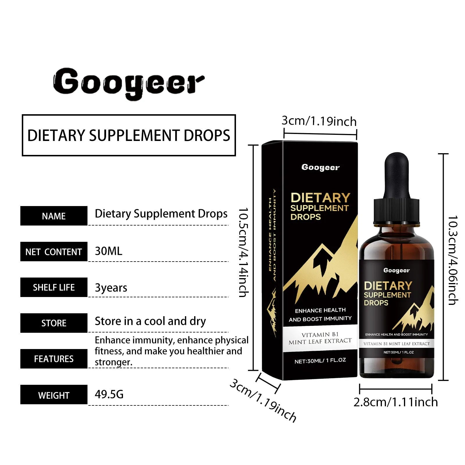 Clear bottle of amber liquid dietary supplement drops with a black dropper top.