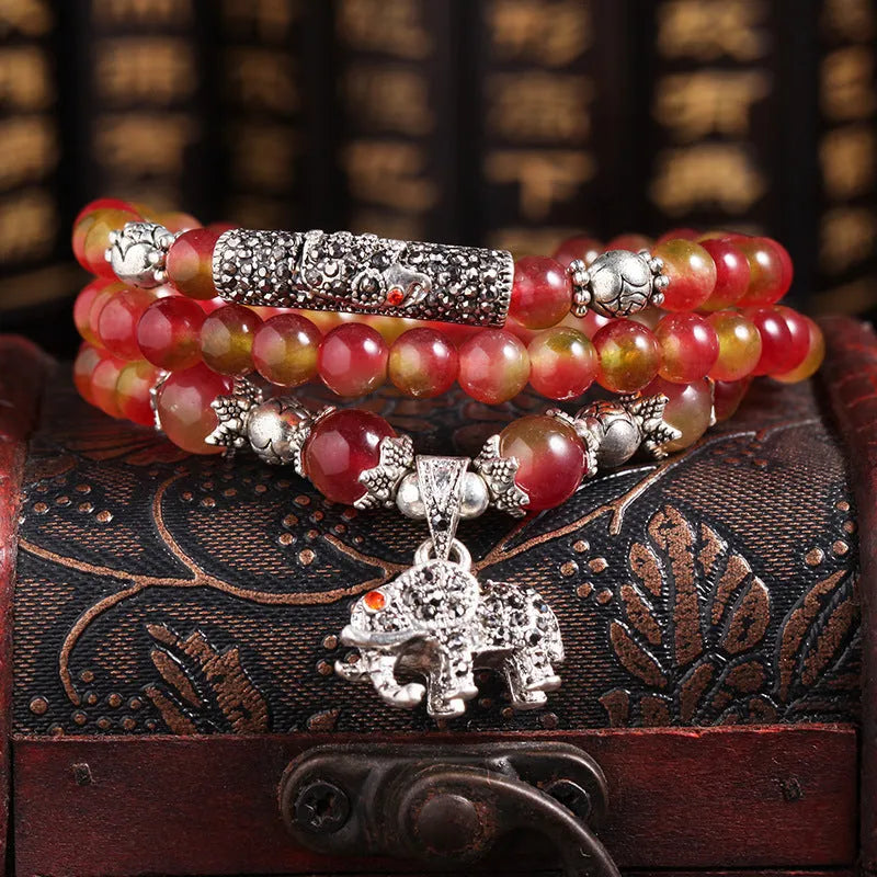 Handmade natural watermelon crystal bracelet with Chinese knot and geometry style design
