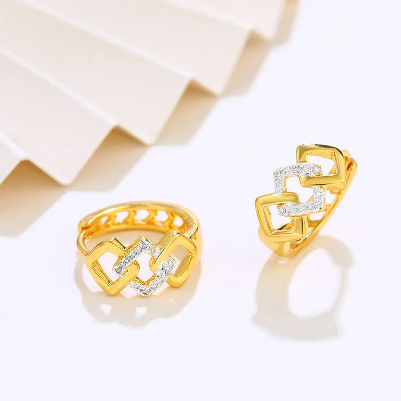 Geometric hollow-out gold electroplated alloy drop earrings with colour separation ear clip