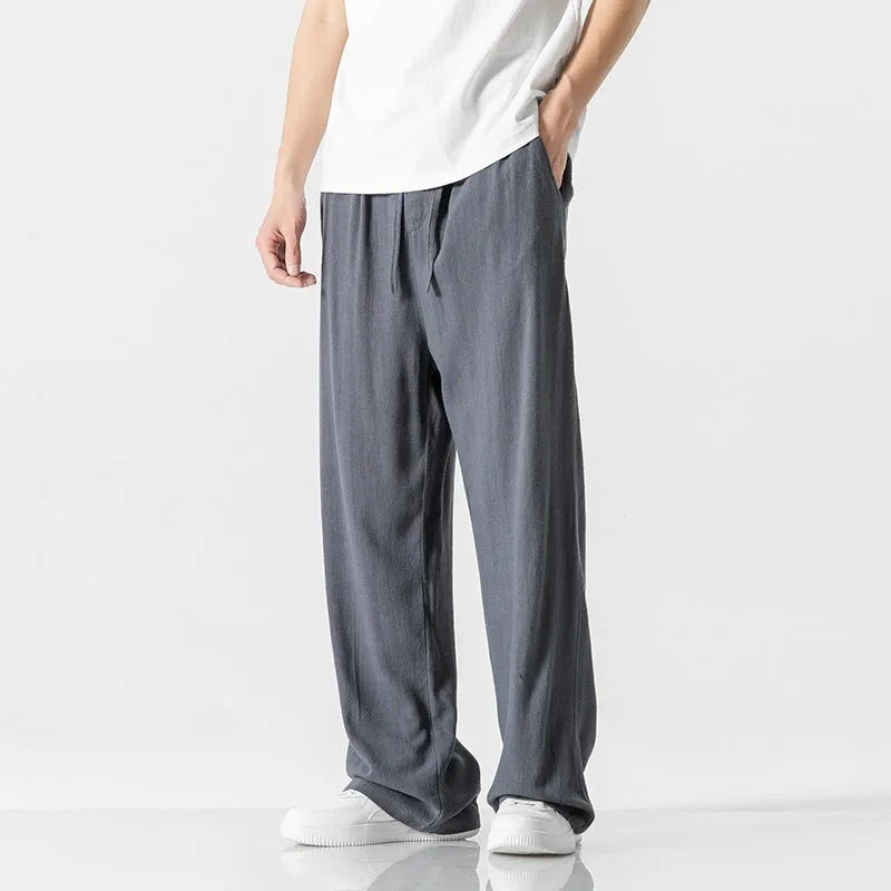 Men's bamboo fibre linen trousers in straight leg cut with cropped length and drawstring waist